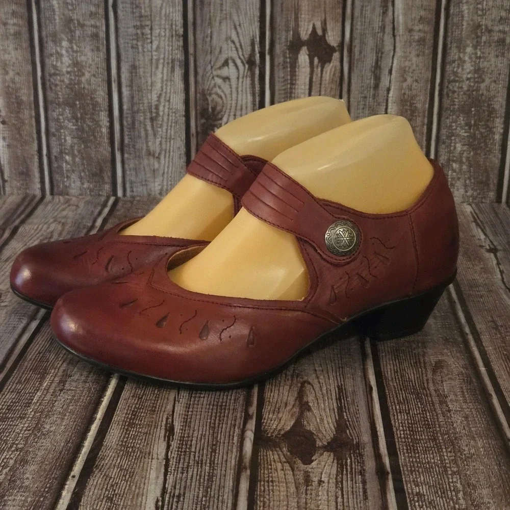 Sz 8.5 Aetrex Rachel Burgundy Leather Laser Cut Mary Jane Comfort Pumps Shoes